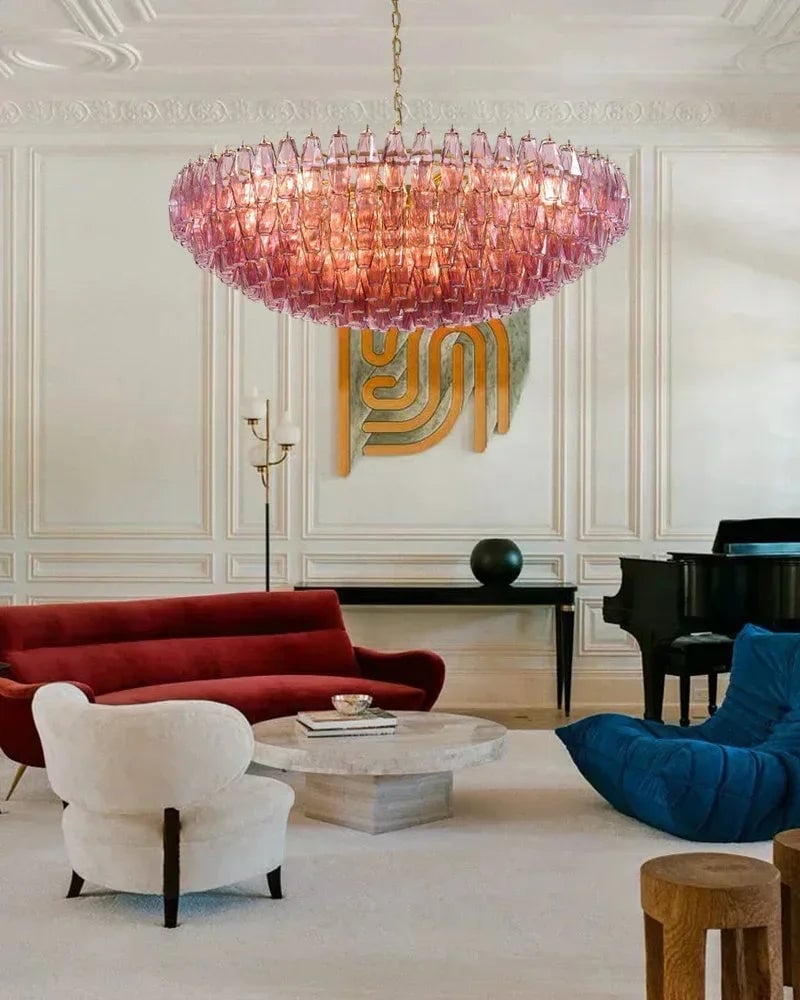 Cortina Series Cascading Chandelier | Multi-Tier Hand Blown Polyhedrons Hand-blown Murano glass polyhedrons, Antique brass satin frame with gold enamel for Grand halls and dining rooms American Vintage chandelier lamp