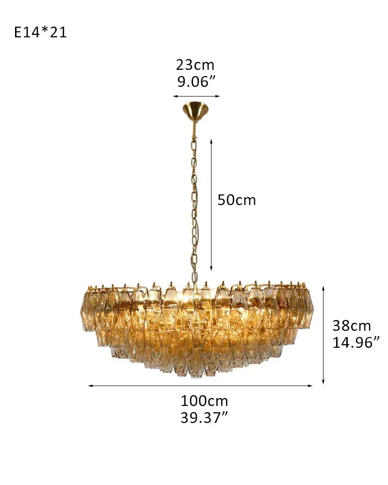 Cortina Series Cascading Chandelier | Multi-Tier Hand Blown Polyhedrons Hand-blown Murano glass polyhedrons, Antique brass satin frame with gold enamel for Grand halls and dining rooms American Vintage chandelier lamp