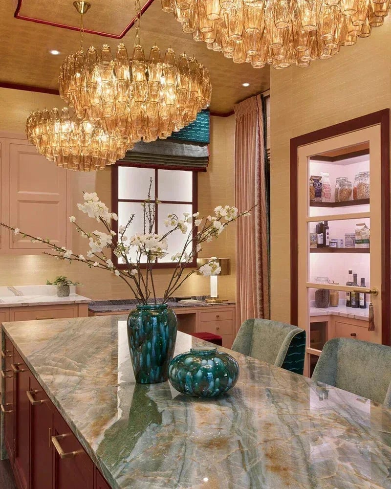 Cortina Series Cascading Chandelier | Multi-Tier Hand Blown Polyhedrons Hand-blown Murano glass polyhedrons, Antique brass satin frame with gold enamel for Grand halls and dining rooms American Vintage chandelier lamp