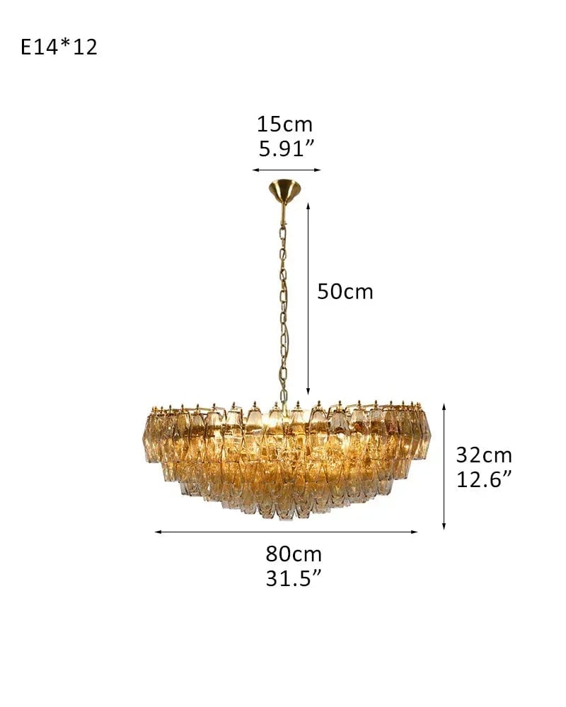Cortina Series Cascading Chandelier | Multi-Tier Hand Blown Polyhedrons Hand-blown Murano glass polyhedrons, Antique brass satin frame with gold enamel for Grand halls and dining rooms Amber American Vintage chandelier lamp