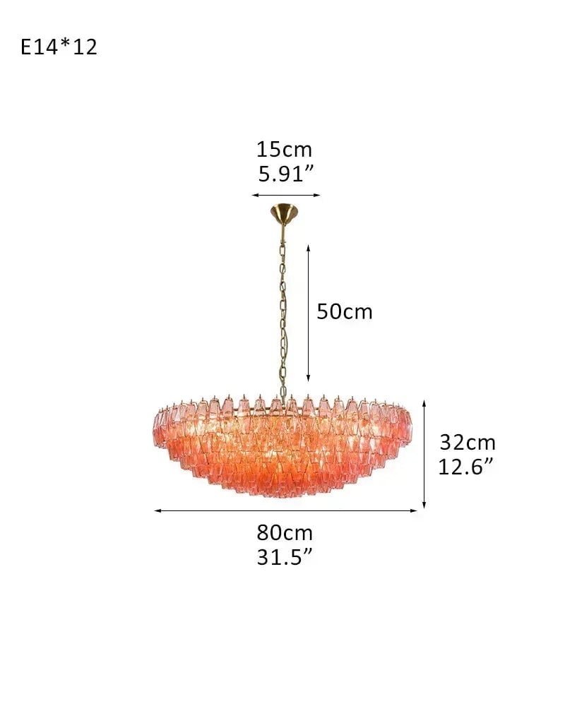 Cortina Series Cascading Chandelier | Multi-Tier Hand Blown Polyhedrons Hand-blown Murano glass polyhedrons, Antique brass satin frame with gold enamel for Grand halls and dining rooms D80*H32CM D31.5"*H12.6" Pink American Vintage chandelier lamp