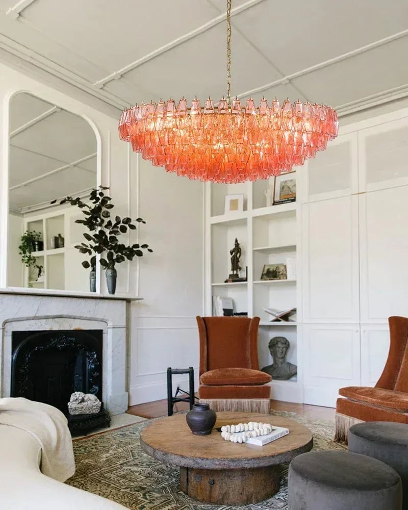 Cortina Series Cascading Chandelier | Multi-Tier Hand Blown Polyhedrons Hand-blown Murano glass polyhedrons, Antique brass satin frame with gold enamel for Grand halls and dining rooms American Vintage chandelier lamp