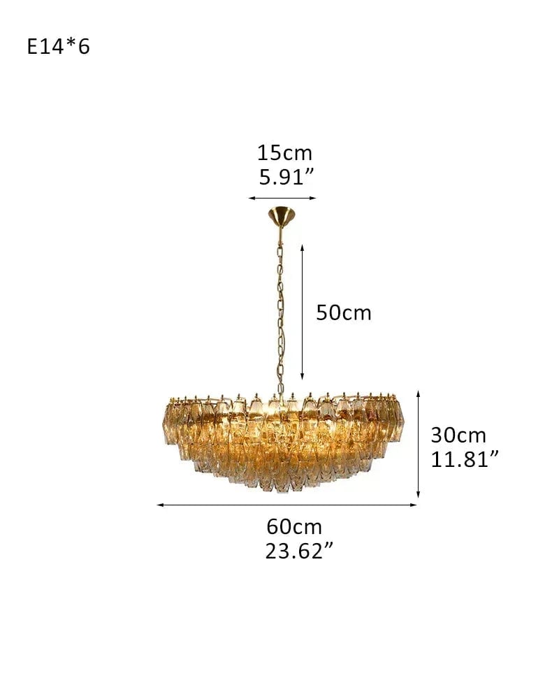 Cortina Series Cascading Chandelier | Multi-Tier Hand Blown Polyhedrons Hand-blown Murano glass polyhedrons, Antique brass satin frame with gold enamel for Grand halls and dining rooms D60*H30CM D23.62"*H11.81" Amber American Vintage chandelier lamp