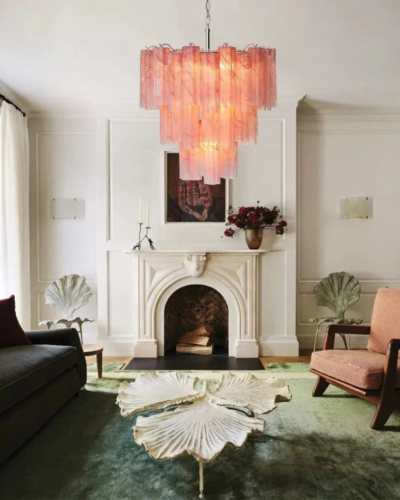 Cortina Series Cascading Chandelier | Multi-Tier Murano Glass Handcrafted Fluted Pink Murano Glass Tubes, Satin Brass for Grand Entrances and Dining Rooms American chandelier