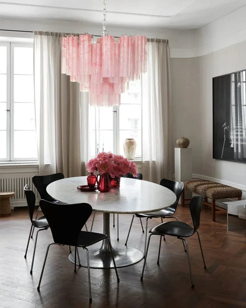 Cortina Series Cascading Chandelier | Multi-Tier Murano Glass Handcrafted Fluted Pink Murano Glass Tubes, Satin Brass for Grand Entrances and Dining Rooms American chandelier