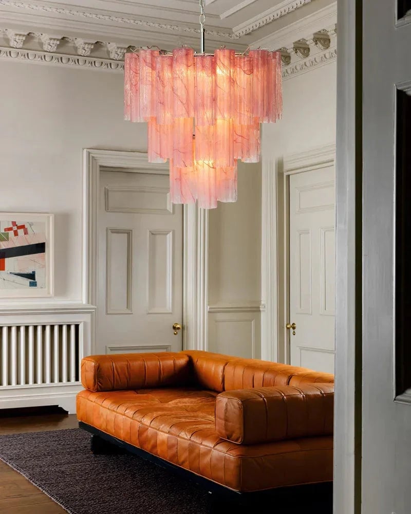 Cortina Series Cascading Chandelier | Multi-Tier Murano Glass Handcrafted Fluted Pink Murano Glass Tubes, Satin Brass for Grand Entrances and Dining Rooms American chandelier