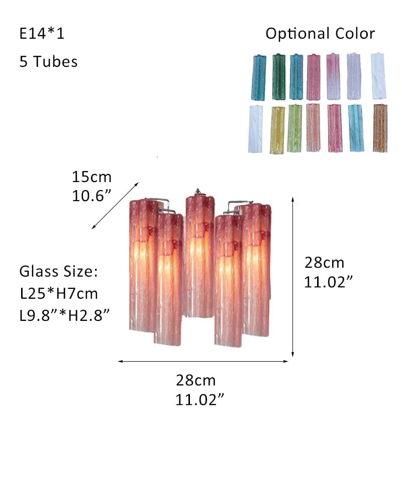Cortina Series Cascading Chandelier | Multi-Tier Murano Glass Handcrafted Fluted Pink Murano Glass Tubes, Satin Brass for Grand Entrances and Dining Rooms Sconces-D28*H28CM D11"*H11"(5 tubes) Pink + White & Silver American chandelier