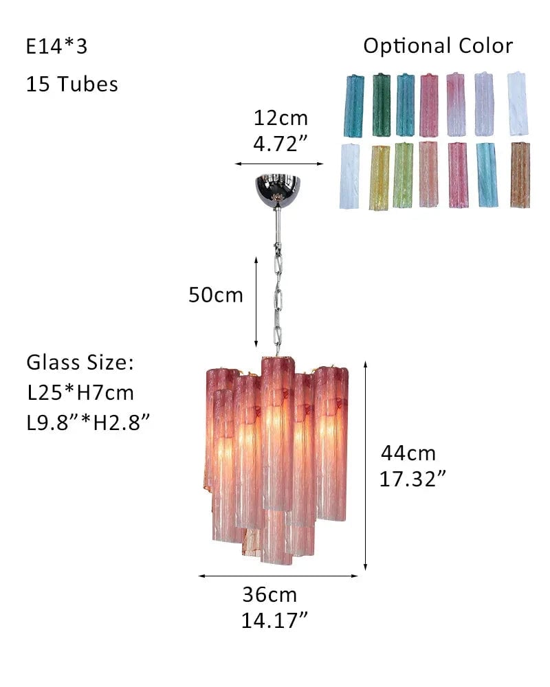 Cortina Series Cascading Chandelier | Multi-Tier Murano Glass Handcrafted Fluted Pink Murano Glass Tubes, Satin Brass for Grand Entrances and Dining Rooms Pendants-D36*H44CM 14"*H17"(15 tubes) Pink + White & Silver American chandelier
