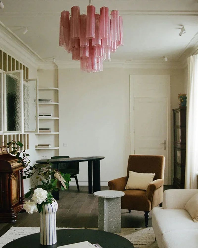 Cortina Series Cascading Chandelier | Multi-Tier Murano Glass Handcrafted Fluted Pink Murano Glass Tubes, Satin Brass for Grand Entrances and Dining Rooms American chandelier
