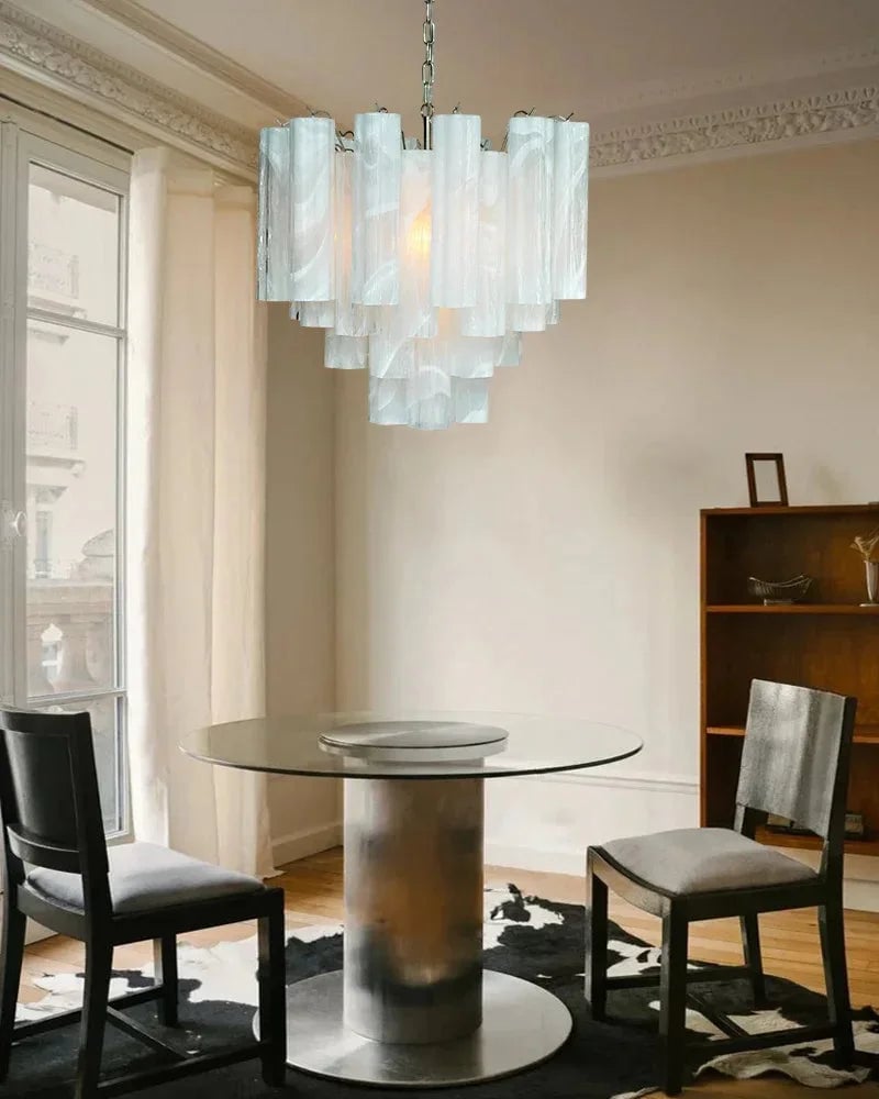 Cortina Series Cascading Chandelier | Multi-Tier Murano Glass Handcrafted Fluted Pink Murano Glass Tubes, Satin Brass for Grand Entrances and Dining Rooms American chandelier