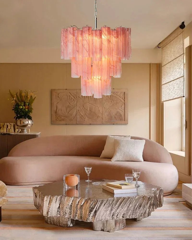Cortina Series Cascading Chandelier | Multi-Tier Murano Glass Handcrafted Fluted Pink Murano Glass Tubes, Satin Brass for Grand Entrances and Dining Rooms American chandelier