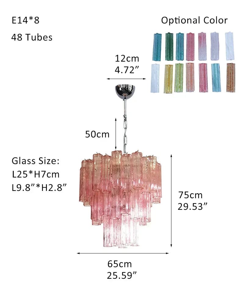 Cortina Series Cascading Chandelier | Multi-Tier Murano Glass Handcrafted Fluted Pink Murano Glass Tubes, Satin Brass for Grand Entrances and Dining Rooms Pendants-D65*H75CM 26"*H30"(48 tubes) Pink & Silver American chandelier