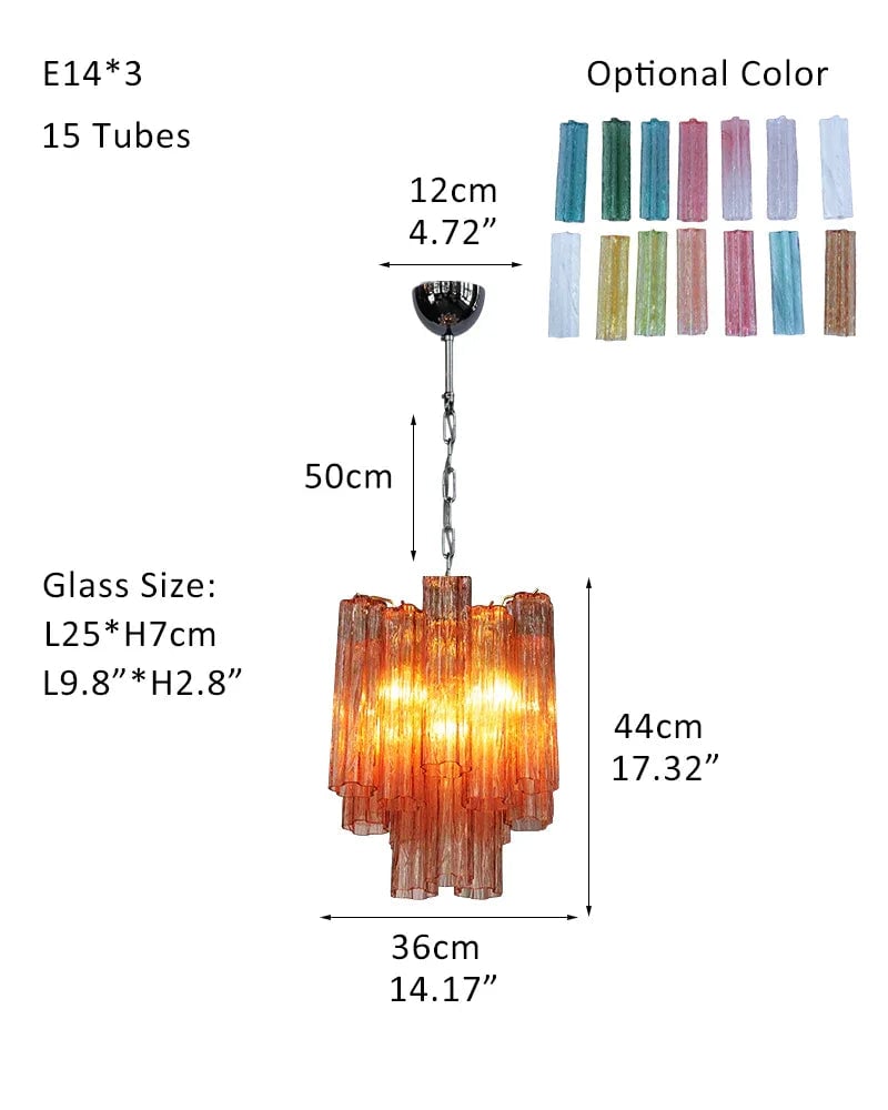 Cortina Series Cascading Chandelier | Multi-Tier Murano Glass Handcrafted Fluted Pink Murano Glass Tubes, Satin Brass for Grand Entrances and Dining Rooms Pendants-D36*H44CM 14"*H17"(15 tubes) Pink & Silver American chandelier