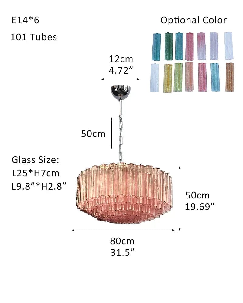 Cortina Series Cascading Chandelier | Multi-Tier Murano Glass Handcrafted Fluted Pink Murano Glass Tubes, Satin Brass for Grand Entrances and Dining Rooms Pendants-D80*H50CM 31.5"*H20"(101 tubes) Pink & Silver American chandelier