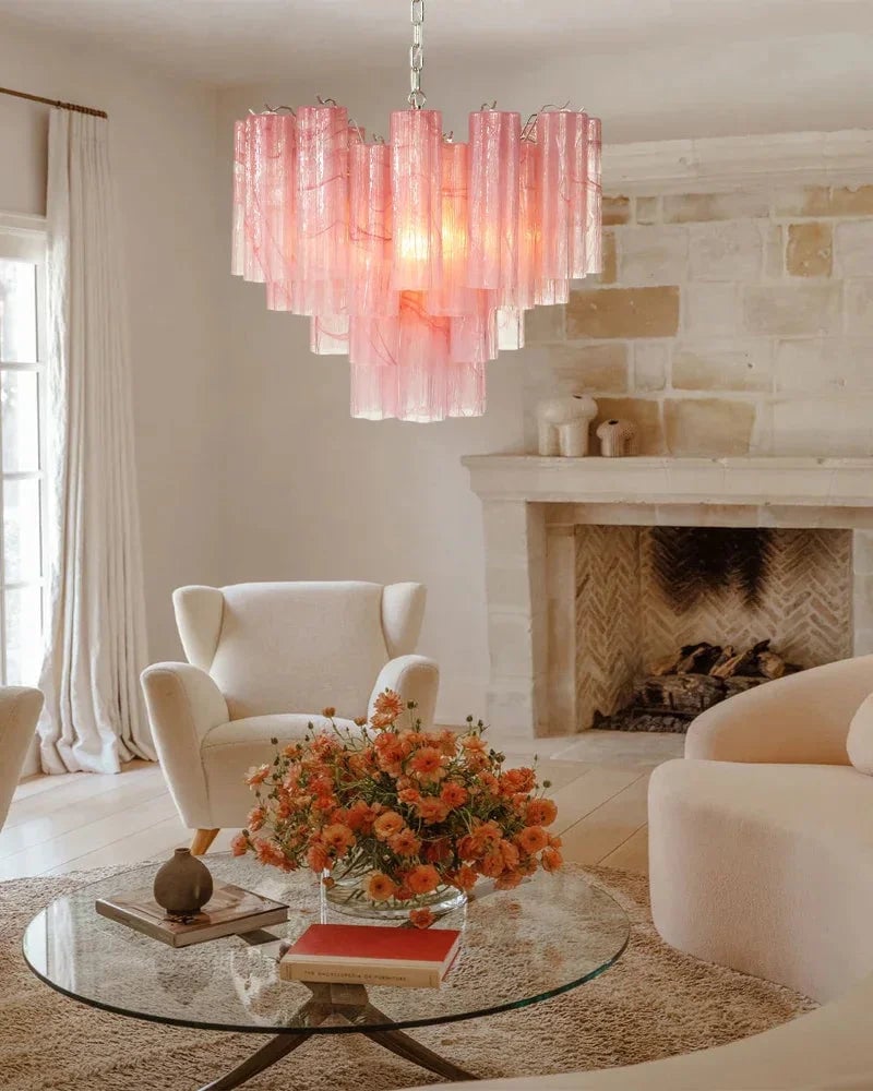 Cortina Series Cascading Chandelier | Multi-Tier Murano Glass Handcrafted Fluted Pink Murano Glass Tubes, Satin Brass for Grand Entrances and Dining Rooms American chandelier