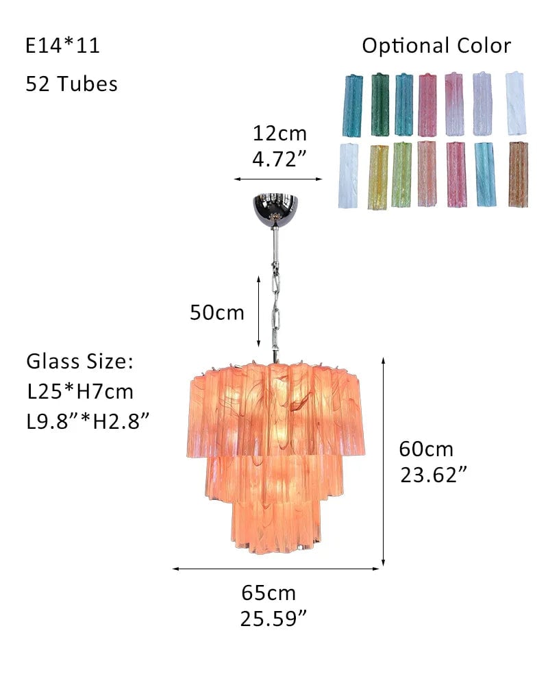 Cortina Series Cascading Chandelier | Multi-Tier Murano Glass Handcrafted Fluted Pink Murano Glass Tubes, Satin Brass for Grand Entrances and Dining Rooms Pendants-D65*H60CM 26"*H24"(52 tubes) Pink + White & Silver American chandelier