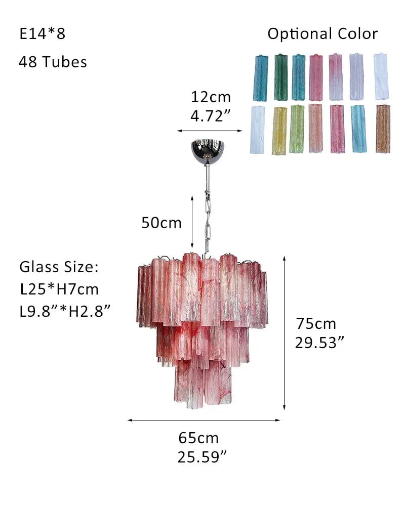 Cortina Series Cascading Chandelier | Multi-Tier Murano Glass Handcrafted Fluted Pink Murano Glass Tubes, Satin Brass for Grand Entrances and Dining Rooms Pendants-D65*H75CM 26"*H30"(48 tubes) Pink + White & Silver American chandelier