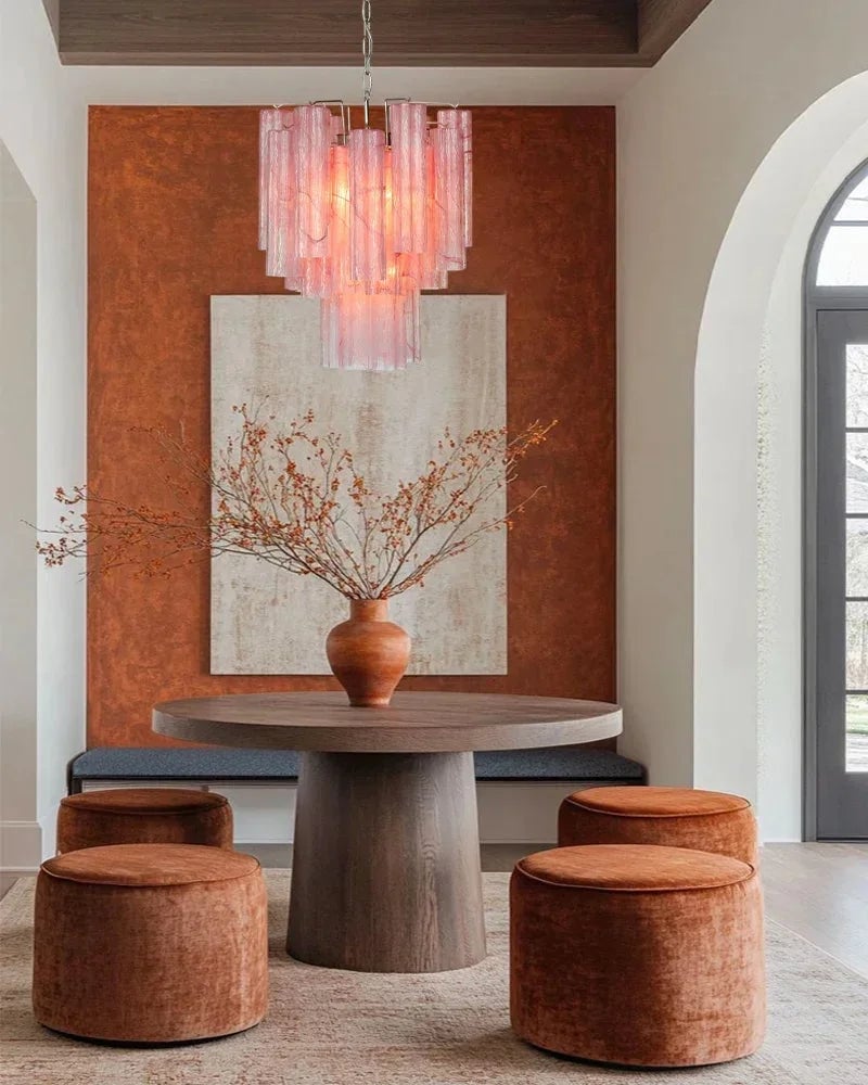 Cortina Series Cascading Chandelier | Multi-Tier Murano Glass Handcrafted Fluted Pink Murano Glass Tubes, Satin Brass for Grand Entrances and Dining Rooms American chandelier
