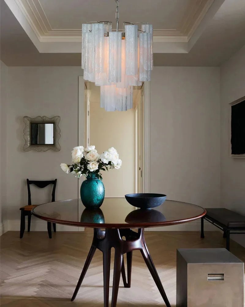 Cortina Series Cascading Chandelier | Multi-Tier Murano Glass Handcrafted Fluted Pink Murano Glass Tubes, Satin Brass for Grand Entrances and Dining Rooms American chandelier