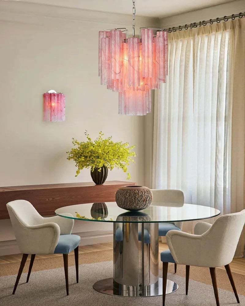Cortina Series Cascading Chandelier | Multi-Tier Murano Glass Handcrafted Fluted Pink Murano Glass Tubes, Satin Brass for Grand Entrances and Dining Rooms American chandelier