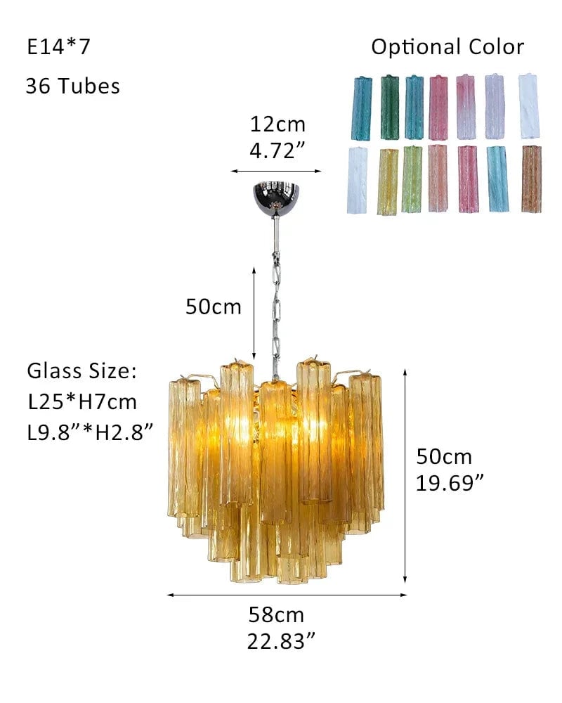 Cortina Series Cascading Chandelier | Multi-tiered Fluted Glass Handcrafted Fluted Murano-Inspired Amber Glass, Satin Brass for Grand Entrances and Dining Rooms Pendants-D58*H50CM D23"*H20"(36 tubes)-A Amber Glass + Silver Frame American chandelier