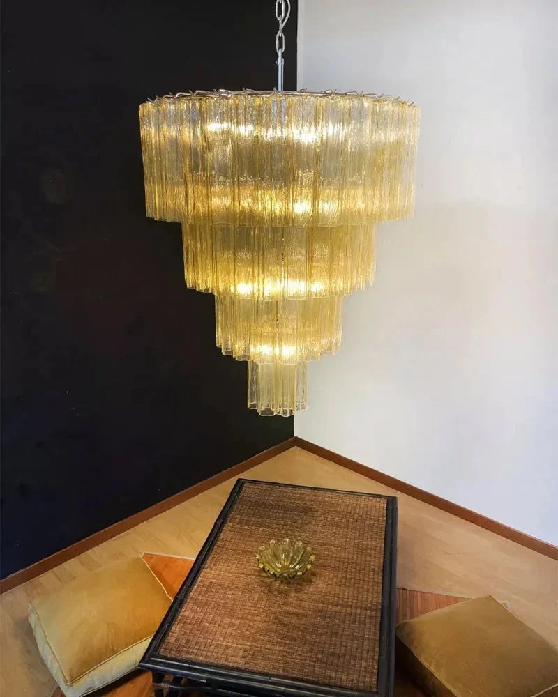 Cortina Series Cascading Chandelier | Multi-tiered Fluted Glass Handcrafted Fluted Murano-Inspired Amber Glass, Satin Brass for Grand Entrances and Dining Rooms American chandelier