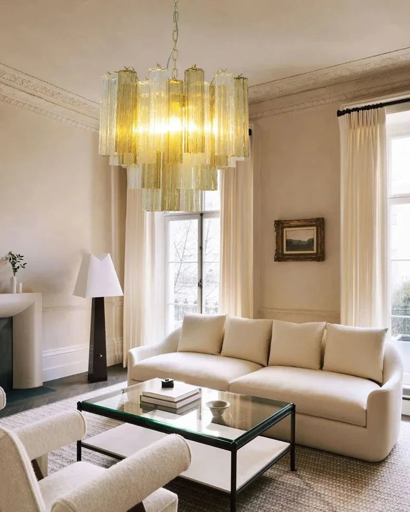 Cortina Series Cascading Chandelier | Multi-tiered Fluted Glass Handcrafted Fluted Murano-Inspired Amber Glass, Satin Brass for Grand Entrances and Dining Rooms American chandelier
