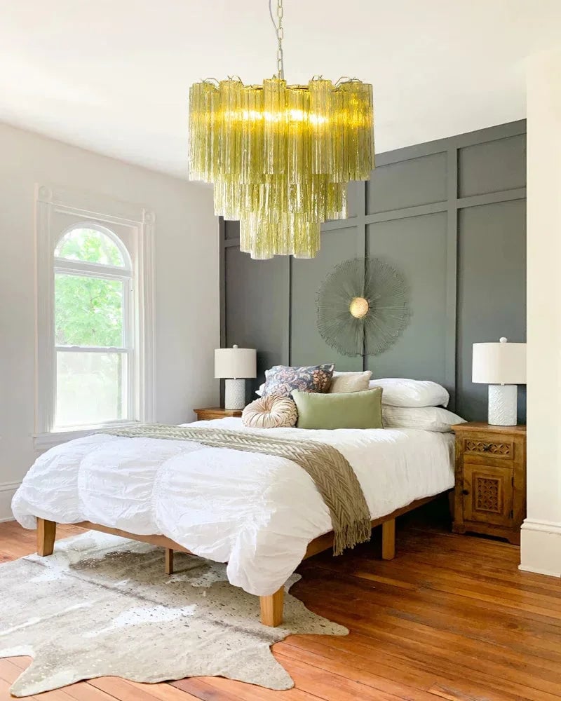 Cortina Series Cascading Chandelier | Multi-tiered Fluted Glass Handcrafted Fluted Murano-Inspired Green Glass, Satin Brass Frame with Silver and Gold Tones for Grand Entrances and Dining Rooms American chandelier
