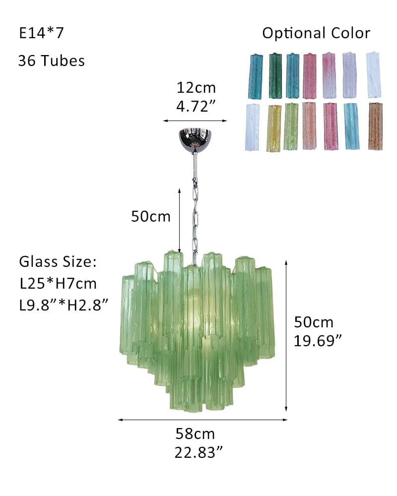 Cortina Series Cascading Chandelier | Multi-tiered Fluted Glass Handcrafted Fluted Murano-Inspired Green Glass, Satin Brass Frame with Silver and Gold Tones for Grand Entrances and Dining Rooms Pendants-D58*H50CM D23"*H20"(36 tubes) Green Glass + Silver Frame American chandelier