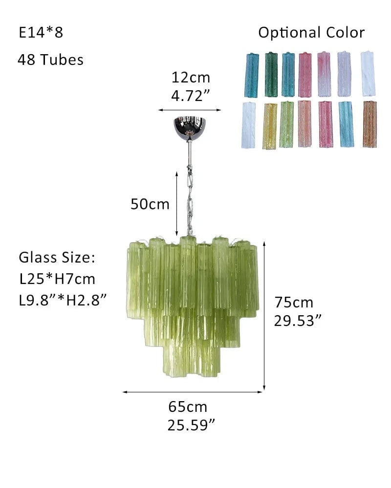 Cortina Series Cascading Chandelier | Multi-tiered Fluted Glass Handcrafted Fluted Murano-Inspired Green Glass, Satin Brass Frame with Silver and Gold Tones for Grand Entrances and Dining Rooms Pendants-D65*H75CM D25.6"*H30"(48 tubes) Green Glass + Silver Frame American chandelier