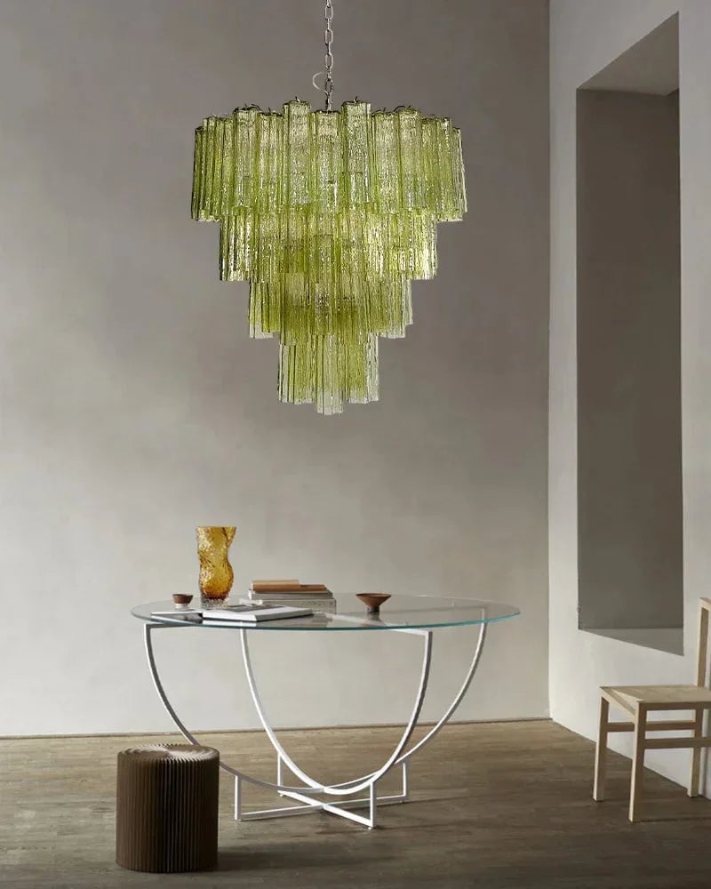 Cortina Series Cascading Chandelier | Multi-tiered Fluted Glass Handcrafted Fluted Murano-Inspired Green Glass, Satin Brass Frame with Silver and Gold Tones for Grand Entrances and Dining Rooms American chandelier
