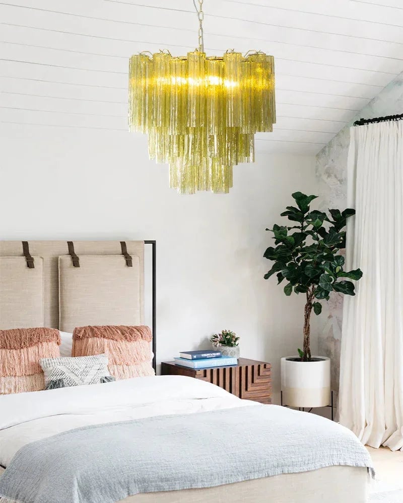Cortina Series Cascading Chandelier | Multi-tiered Fluted Glass Handcrafted Fluted Murano-Inspired Green Glass, Satin Brass Frame with Silver and Gold Tones for Grand Entrances and Dining Rooms American chandelier