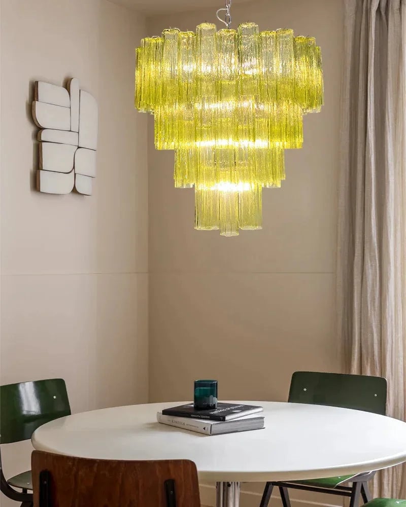 Cortina Series Cascading Chandelier | Multi-tiered Fluted Glass Handcrafted Fluted Murano-Inspired Green Glass, Satin Brass Frame with Silver and Gold Tones for Grand Entrances and Dining Rooms American chandelier