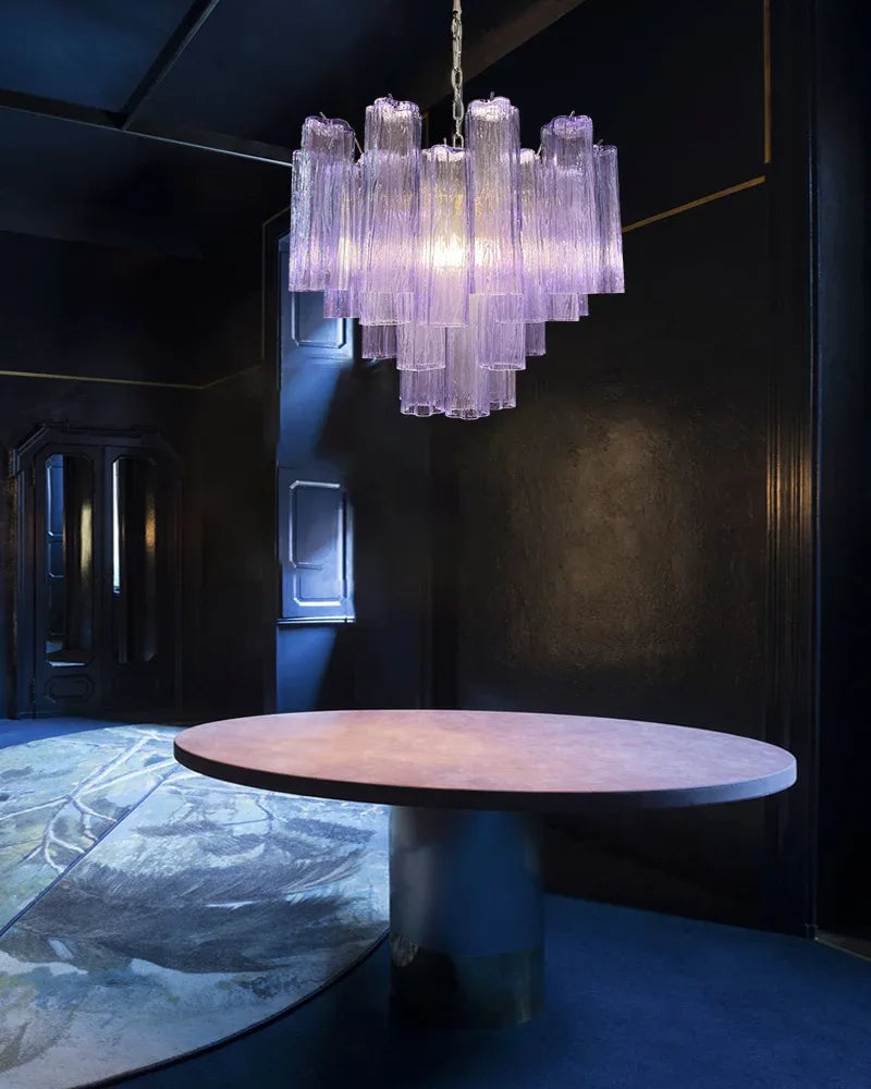Cortina Series Cascading Chandelier | Multi-tiered Fluted Glass Handcrafted Fluted Murano-Inspired Glass, Satin Brass for Grand Entrances and Dining Rooms American chandelier