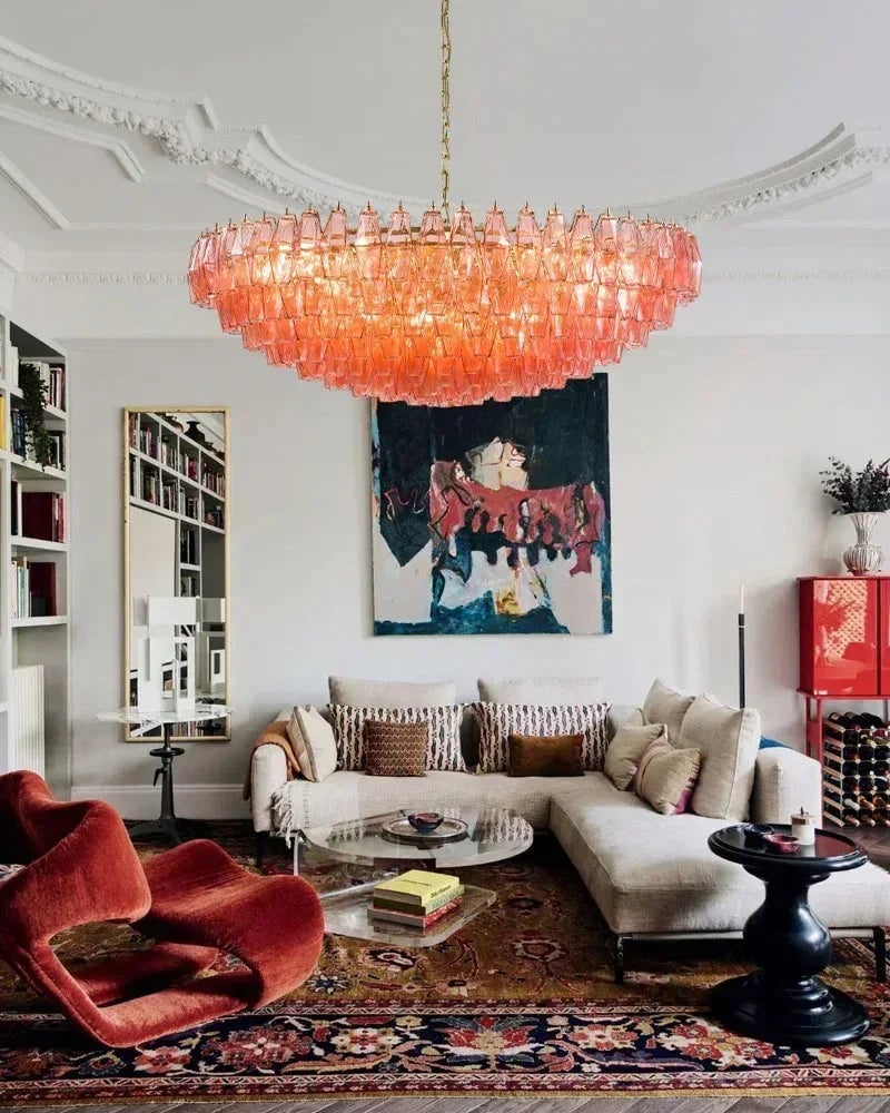 Cortina Series Cascading Chandelier | Round Polyhedron Handblown Murano Glass Polyhedrons, Antique Brass Satin for Grand Halls and Dining Rooms American Vintage chandelier lamp