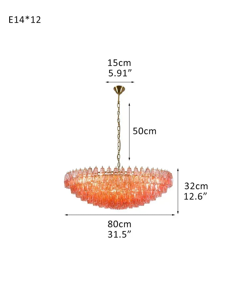 Cortina Series Cascading Chandelier | Round Polyhedron Handblown Murano Glass Polyhedrons, Antique Brass Satin for Grand Halls and Dining Rooms D80*H32CM D31.5"*H12.6" Pink American Vintage chandelier lamp