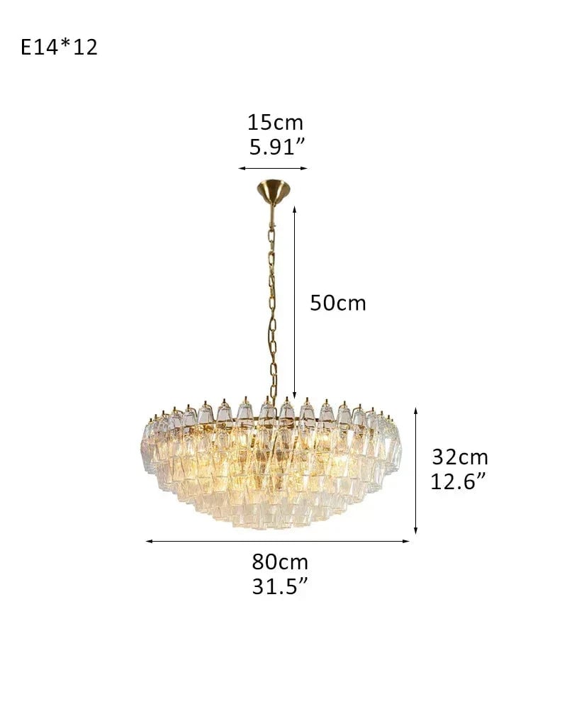 Cortina Series Cascading Chandelier | Round Polyhedron Handblown Murano Glass Polyhedrons, Antique Brass Satin for Grand Halls and Dining Rooms D80*H32CM D31.5"*H12.6" Clear American Vintage chandelier lamp
