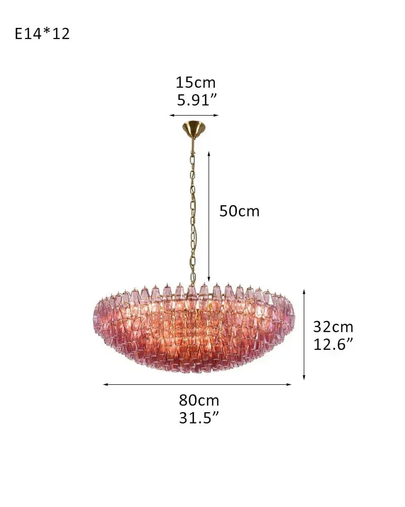 Cortina Series Cascading Chandelier | Round Polyhedron Handblown Murano Glass Polyhedrons, Antique Brass Satin for Grand Halls and Dining Rooms D80*H32CM D31.5"*H12.6" Purple American Vintage chandelier lamp