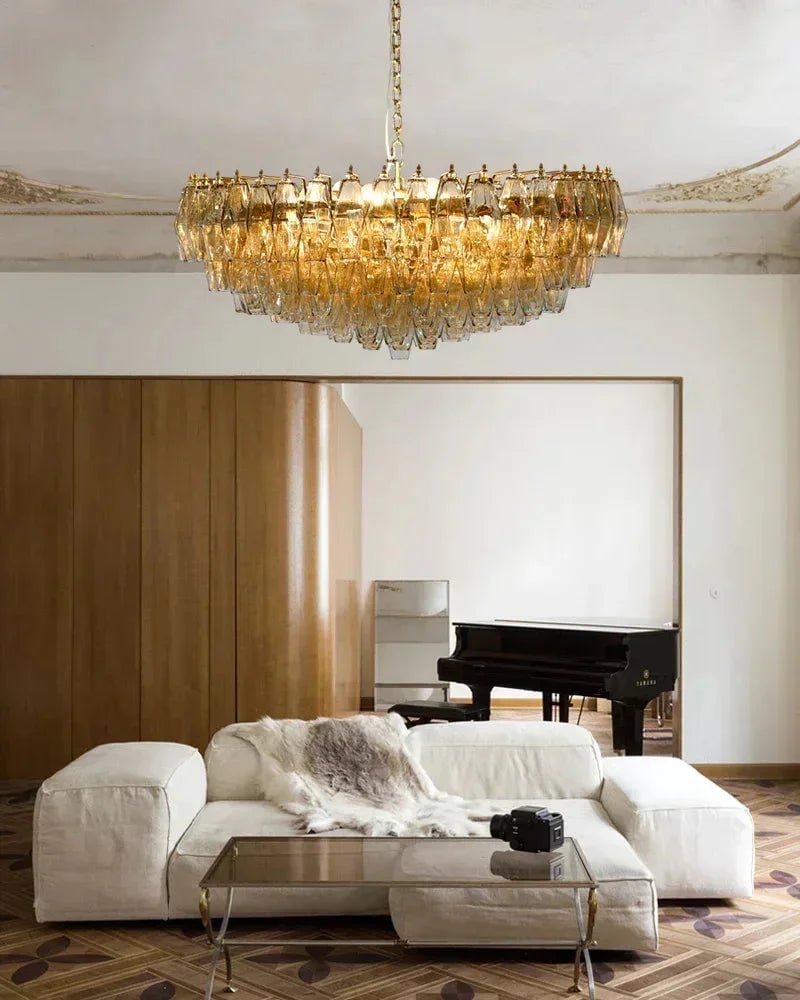 Cortina Series Cascading Chandelier | Round Polyhedron Handblown Murano Glass Polyhedrons, Antique Brass Satin for Grand Halls and Dining Rooms American Vintage chandelier lamp