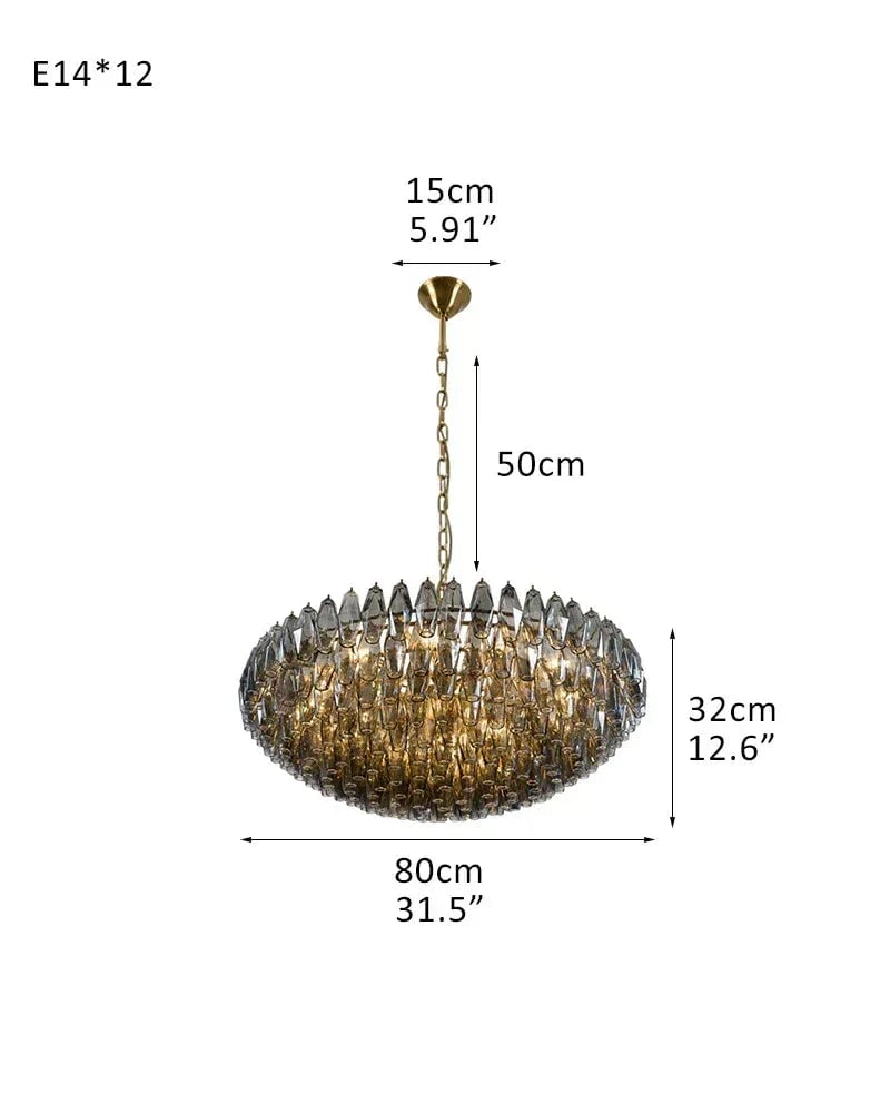 Cortina Series Cascading Chandelier | Round Polyhedron Handblown Murano Glass Polyhedrons, Antique Brass Satin for Grand Halls and Dining Rooms D80*H32CM D31.5"*H12.6" Smoky American Vintage chandelier lamp