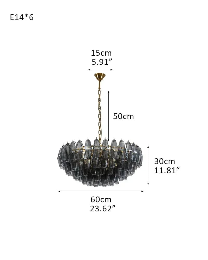 Cortina Series Cascading Chandelier | Round Polyhedron Handblown Murano Glass Polyhedrons, Antique Brass Satin for Grand Halls and Dining Rooms D60*H30CM D23.62"*H11.81" Smoky American Vintage chandelier lamp