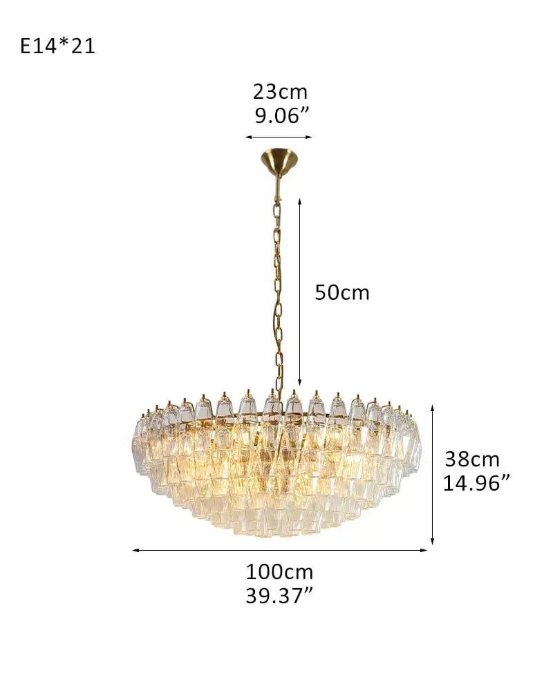 Cortina Series Cascading Chandelier | Round Polyhedron Handblown Murano Glass Polyhedrons, Antique Brass Satin for Grand Halls and Dining Rooms D100*H38CM D39.37"*H14.96" Clear American Vintage chandelier lamp
