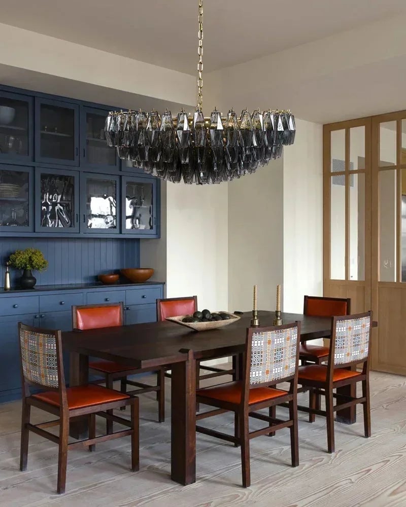 Cortina Series Cascading Chandelier | Round Wide Polyhedron Handblown Murano Glass Polyhedrons, Antique Brass Satin with Gold Enamel for Grand Halls and Dining Rooms American Vintage chandelier lamp