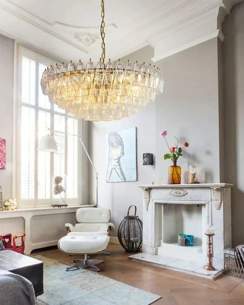 Cortina Series Cascading Chandelier | Round Wide Polyhedron Handblown Murano Glass Polyhedrons, Antique Brass Satin with Gold Enamel for Grand Halls and Dining Rooms American Vintage chandelier lamp