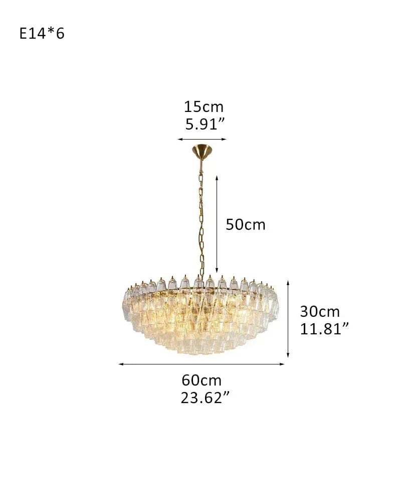 Cortina Series Cascading Chandelier | Round Wide Polyhedron Handblown Murano Glass Polyhedrons, Antique Brass Satin with Gold Enamel for Grand Halls and Dining Rooms American Vintage chandelier lamp