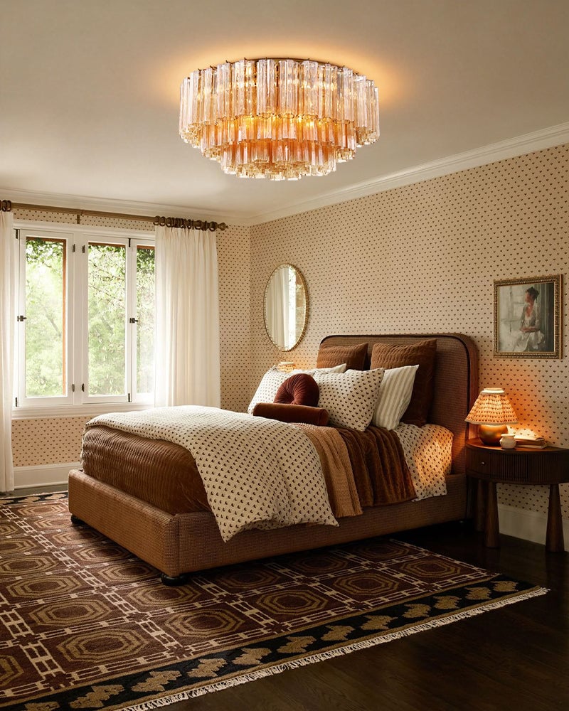 Cortina Series Ethereal Ceiling Lamp | Star-Shaped Hand-blown authentic Murano glass tubes, Aged Brass and Black framework with gold accents for Foyer Entrances and Living Areas Flush Mounted Ceiling Lamp