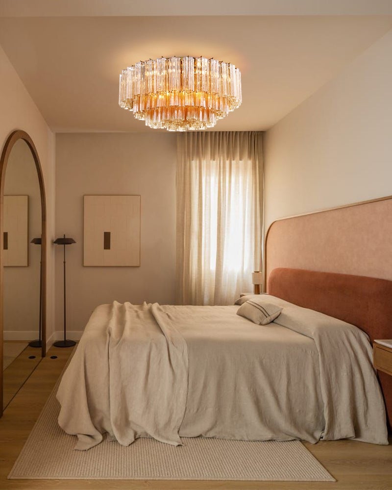 Cortina Series Ethereal Ceiling Lamp | Star-Shaped Hand-blown authentic Murano glass tubes, Aged Brass and Black framework with gold accents for Foyer Entrances and Living Areas Flush Mounted Ceiling Lamp