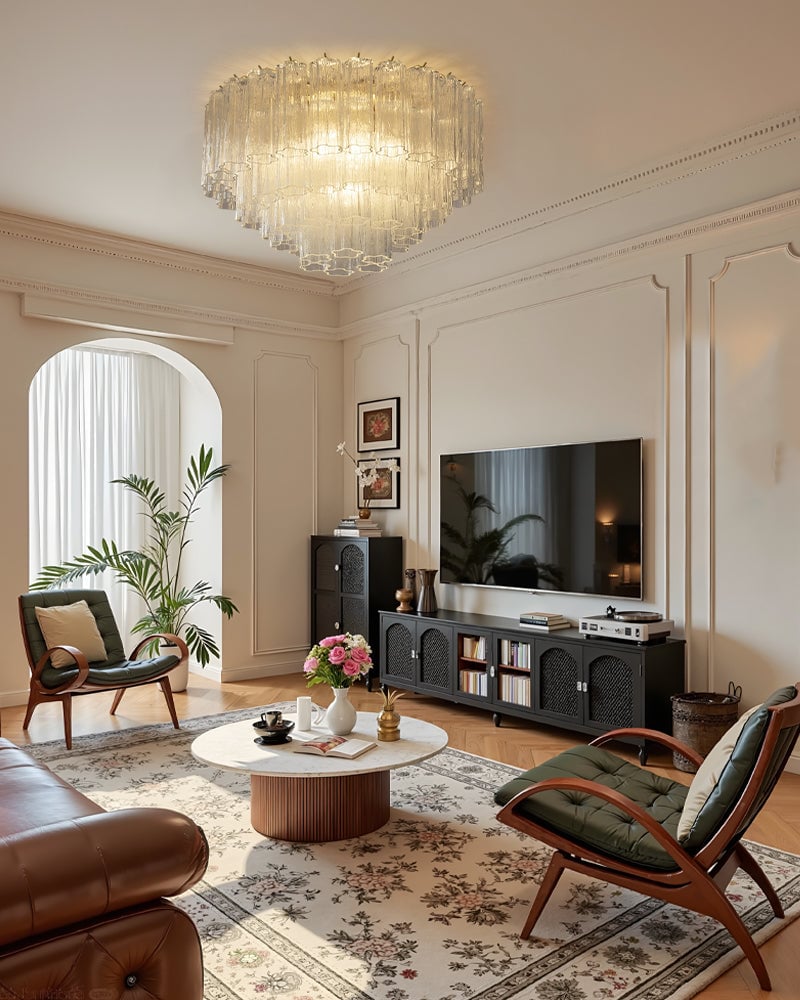 Cortina Series Ethereal Semi-Flush Ceiling Lamp | Star-Shaped Hand-blown authentic Murano glass tubes, Elegant gold accents for Living Rooms and Entryways Flush Mounted Ceiling Lamp