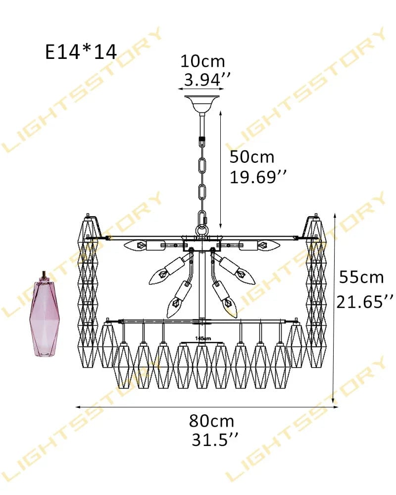 Cortina Series Geometric Chandelier | Drum Shape Polyhedron Hand Blown Murano Glass Polyhedron, Polished Metal for Dining Rooms, Living Areas, and Dressing Rooms 14 light-D80*H55CM D31.5"*H21.65" Purple Luxury Modern Chandelier
