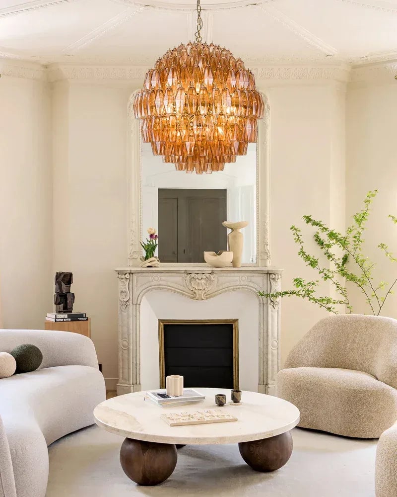 Cortina Series Geometric Chandelier | Drum Shape Polyhedron Hand Blown Murano Glass Polyhedron, Polished Metal for Dining Rooms, Living Areas, and Dressing Rooms Luxury Modern Chandelier